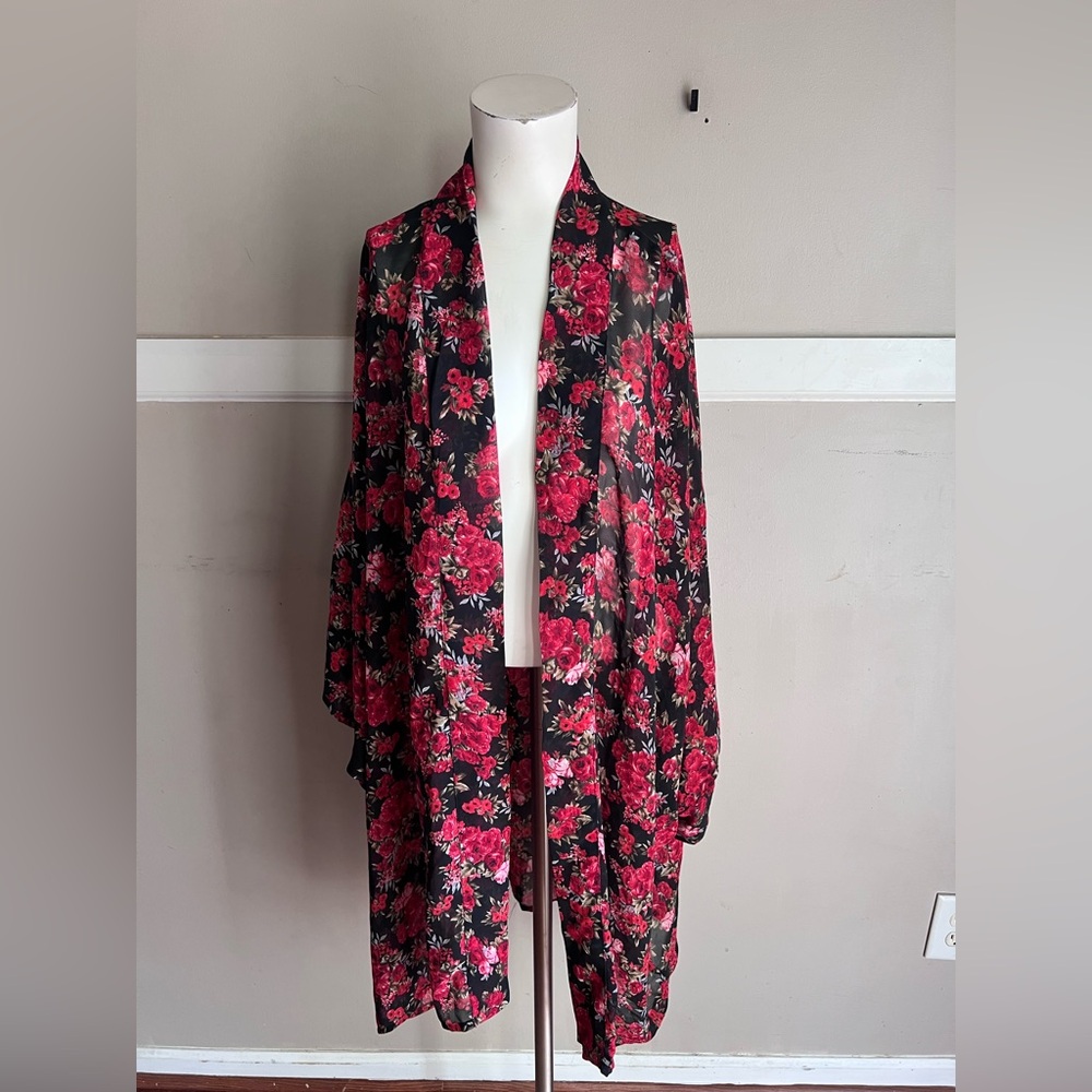 Fun & Flirt Black Kimono Cardigan with Pink and Red Rose Print